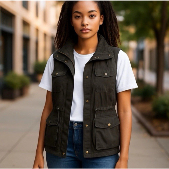 Love Tree Utility Vest Womens Medium Olive Green Cotton Snap-Button Cargo - Picture 1 of 6